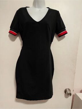 Haute Monde Black V-Neck Mini Dress with Red & White Sleeve Detail